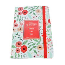 Simple floral patterned A5 notebook with a poopy red elastic holder