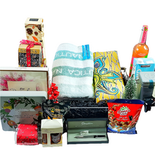 A collection of gifts such as towels,fabric, a frgrance diffuser, A saville row tie, A stratton Pen, Biscuits, tea, Essential oil, and nuts displayed against a white backgrouns