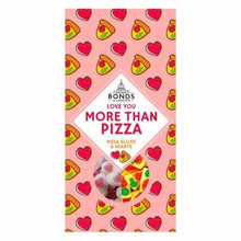 Bonds candy package with pizza slices and hearts on a pink background
