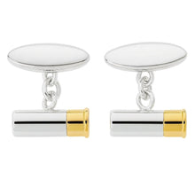 silver and old cartridge chain link cufflins on a white background