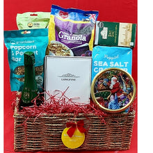 Handwoven basket filled with premium snacks, treats closeup