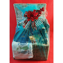 Gift basket with decorative bow on a red background