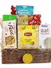 Close-up of classic indulgence gift basket showing treats and snacks arranged in it