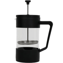 Black French press coffee maker on a white background