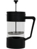 Black French press coffee maker on a white background
