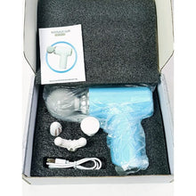 Massage gun with accessories in a box, including a power cable and user manual.