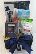 Luxury Father's Day gift basket in Nigeria with wine, perfume, gourmet treats and personalized Dad wine glass arranged in a premium black basket.