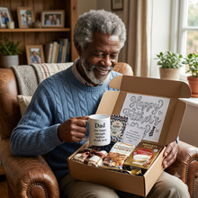 Man holding a mug and a gift box with 'Happy Father's Day' card in a cozy living room.