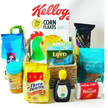 breakfast items displayed in a gift basket