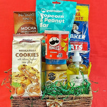 Affordable Nigerian gift hamper with breakfast items, snacks and treats displayed in a festive basket