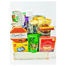 A selection of food items and other goods packaged in a white gift box, labeled as the Sabreen Selection Box.