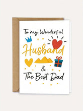 Greeting card for a wonderful husband and the best dad with colorful text and graphics on a white background.