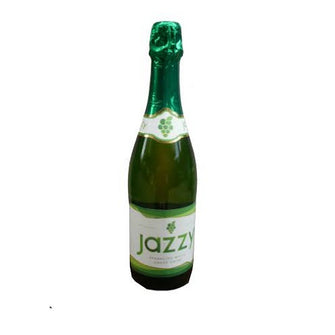 Green bottle of 'jazzy' sparkling wine on a white background