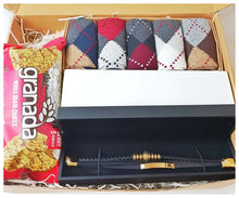 Fathers Day Gift Box with A set of 5 PCs of Argyle patterned  sock, A leather bracelet and a pack.of Grenada whole grain cookies