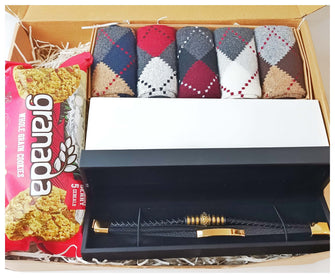 Fathers Day Gift Box with A set of 5 PCs of Argyle patterned  sock, A leather bracelet and a pack.of Grenada whole grain cookies