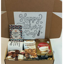Luxury Father's Day gift box in Nigeria featuring a personalized Dad mug, Mokate Gold Cappuccino, Merba dark chocolate hazelnut cookies, gold teaspoon, tea towel and Father's Day card arranged in a rustic kraft gift box.